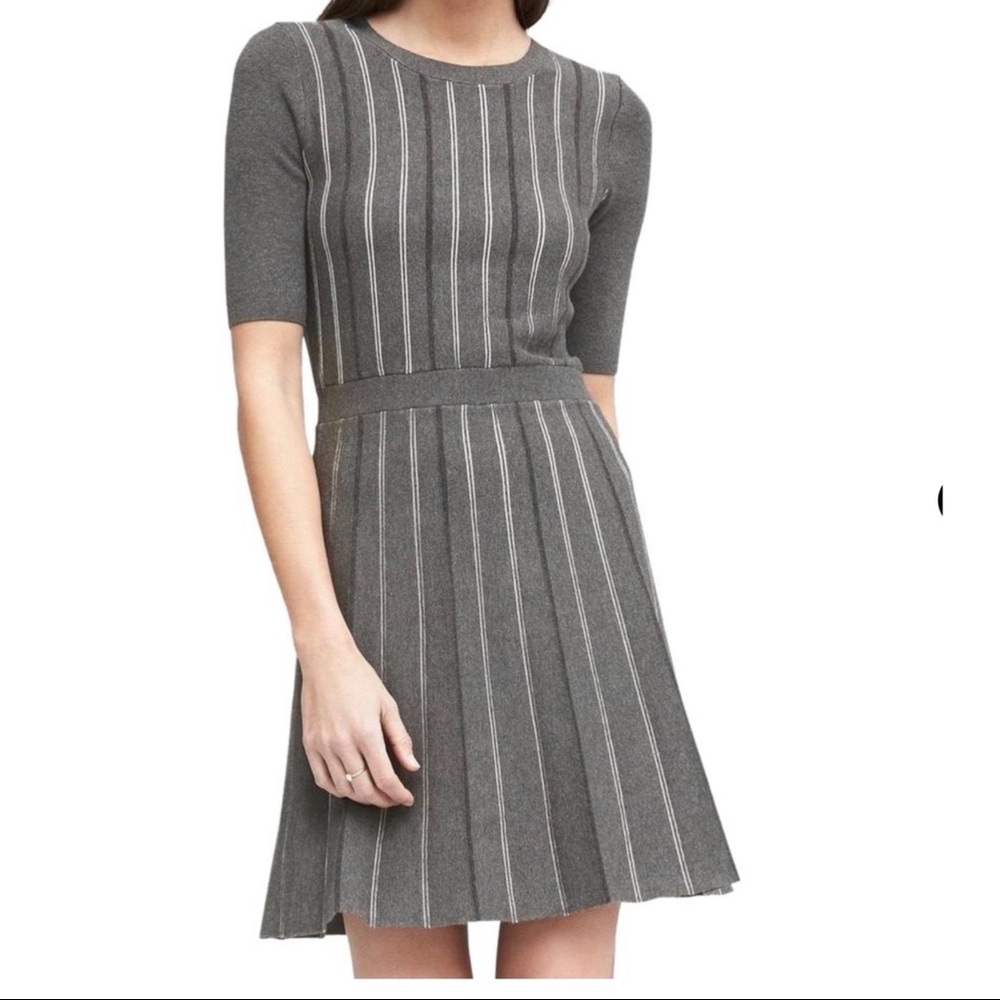 Banana Republic Grey Striped Pleat Sweater Dress